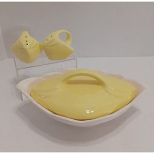 Vintage USA 231 Pottery Covered Dish With Salt And Pepper Yellow MCM Mid Century